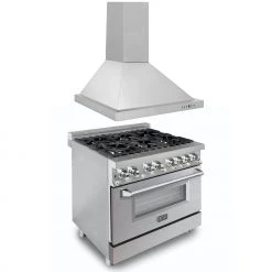 ZLINE Kitchen And Bath ZLINE 36 In. Kitchen Package With Stainless Steel Dual Fuel Range With DuraSnow Door And Convertible Vent Range Hood (2KP-RASNRH36)
