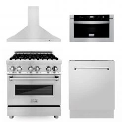 ZLINE Kitchen And Bath 4-Piece Kitchen Packages ZLINE 30 In. Kitchen Package With Stainless Steel Dual Fuel Range, Range Hood, Microwave Drawer And Tall Tub Dishwasher (4KP-RARH30-MWDWV)