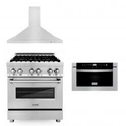 ZLINE Kitchen And Bath ZLINE 30 In. Kitchen Package With Stainless Steel Dual Fuel Range, Convertible Vent Range Hood And Microwave Drawer (3KP-RARH30-MW)
