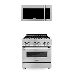 ZLINE Kitchen And Bath ZLINE 30 In. Kitchen Package Stainless Steel Dual Fuel Range And Over The Range Microwave With Traditional Handle (2KP-RAOTRH30)