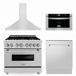 ZLINE Kitchen And Bath ZLINE 36 In. Kitchen Package With Stainless Steel Dual Fuel Range, Range Hood, Microwave Drawer And Tall Tub Dishwasher (4KP-RARH36-MWDWV) 4-Piece Kitchen Packages