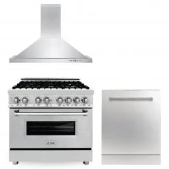 ZLINE Kitchen And Bath ZLINE 36 In. Kitchen Package With Stainless Steel Dual Fuel Range, Convertible Vent Range Hood And Dishwasher (3KP-RARH36-DW)