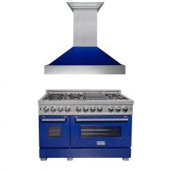 ZLINE Kitchen And Bath ZLINE 48 In. Kitchen Package With DuraSnow Stainless Steel Dual Fuel Range With Blue Gloss Door And Convertible Vent Range Hood (2KP-RASBGRH48) 2-Piece Kitchen Packages