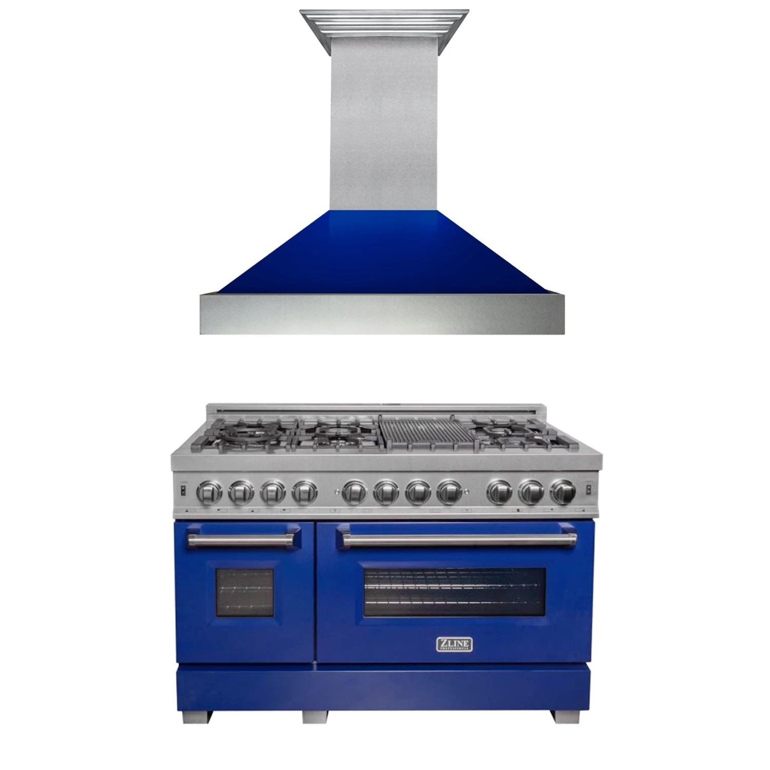 ZLINE Kitchen And Bath ZLINE 48 In. Kitchen Package With DuraSnow Stainless Steel Dual Fuel Range With Blue Gloss Door And Convertible Vent Range Hood (2KP-RASBGRH48) 2-Piece Kitchen Packages 1 ZLINE Kitchen And Bath ZLINE 48 In. Kitchen Package With DuraSnow Stainless Steel Dual Fuel Range With Blue Gloss Door And Convertible Vent Range Hood (2KP-RASBGRH48) 2-Piece Kitchen Packages