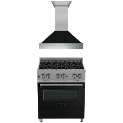 ZLINE Kitchen And Bath 2-Piece Kitchen Packages ZLINE 30 In. Kitchen Package With DuraSnow Stainless Steel Dual Fuel Range With Black Matte Door And Convertible Vent Range Hood (2KP-RASBLMRH30)