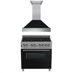 ZLINE Kitchen And Bath ZLINE 36 In. Kitchen Package With DuraSnow Stainless Steel Dual Fuel Range With Black Matte Door And Convertible Vent Range Hood (2KP-RASBLMRH36) 2-Piece Kitchen Packages