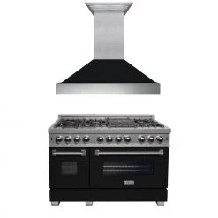 ZLINE Kitchen And Bath ZLINE 48 In. Kitchen Package With DuraSnow Stainless Steel Dual Fuel Range With Black Matte Door And Convertible Vent Range Hood (2KP-RASBLMRH48) 2-Piece Kitchen Packages