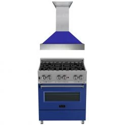 ZLINE Kitchen And Bath 2-Piece Kitchen Packages ZLINE 30 In. Kitchen Package With DuraSnow Stainless Steel Dual Fuel Range With Blue Matte Door And Convertible Vent Range Hood (2KP-RASBMRH30)