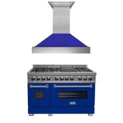 ZLINE Kitchen And Bath 2-Piece Kitchen Packages ZLINE 48 In. Kitchen Package With DuraSnow Stainless Steel Dual Fuel Range With Blue Matte Door And Convertible Vent Range Hood (2KP-RASBMRH48)
