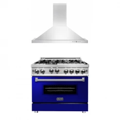 ZLINE Kitchen And Bath 2-Piece Kitchen Packages ZLINE 36 In. Kitchen Package With Stainless Steel Gas Range With Blue Gloss Door And Convertible Vent Range Hood (2KP-RGBGRH36)