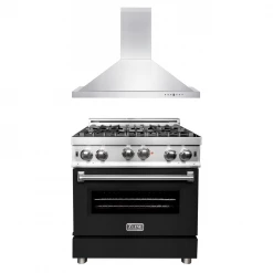 ZLINE Kitchen And Bath 2-Piece Kitchen Packages ZLINE 30 In. Kitchen Package With Stainless Steel Gas Range With Black Matte Door And Convertible Vent Range Hood (2KP-RGBLMRH30)