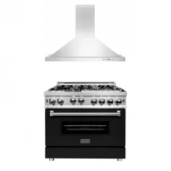 ZLINE Kitchen And Bath ZLINE 36 In. Kitchen Package With Stainless Steel Gas Range With Black Matte Door And Convertible Vent Range Hood (2KP-RGBLMRH36) 2-Piece Kitchen Packages