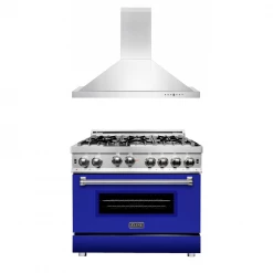 ZLINE Kitchen And Bath ZLINE 36 In. Kitchen Package With Stainless Steel Gas Range With Blue Matte Door And Convertible Vent Range Hood (2KP-RGBMRH36)