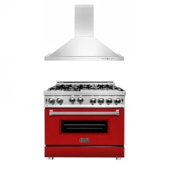 ZLINE Kitchen And Bath ZLINE 36 In. Kitchen Package With Stainless Steel Gas Range With Red Matte Door And Convertible Vent Range Hood (2KP-RGRMRH36)