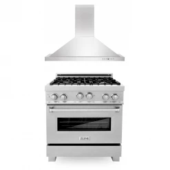 ZLINE Kitchen And Bath ZLINE 30 In. Kitchen Package With Stainless Steel Gas Range With DuraSnow Door And Convertible Vent Range Hood (2KP-RGSNRH30) 2-Piece Kitchen Packages