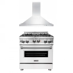 ZLINE Kitchen And Bath ZLINE 30 In. Kitchen Package With Stainless Steel Gas Range With White Matte Door And Convertible Vent Range Hood (2KP-RGWMRH30) 2-Piece Kitchen Packages