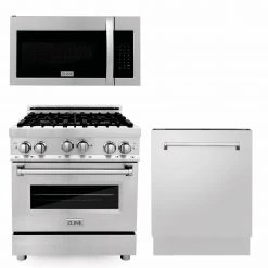 ZLINE Kitchen And Bath 3-Piece Kitchen Packages ZLINE 30 In. Kitchen Package With Stainless Steel Gas Range, Modern Over The Range Microwave And Tall Tub Dishwasher (3KP-RGOTR30-DWV)