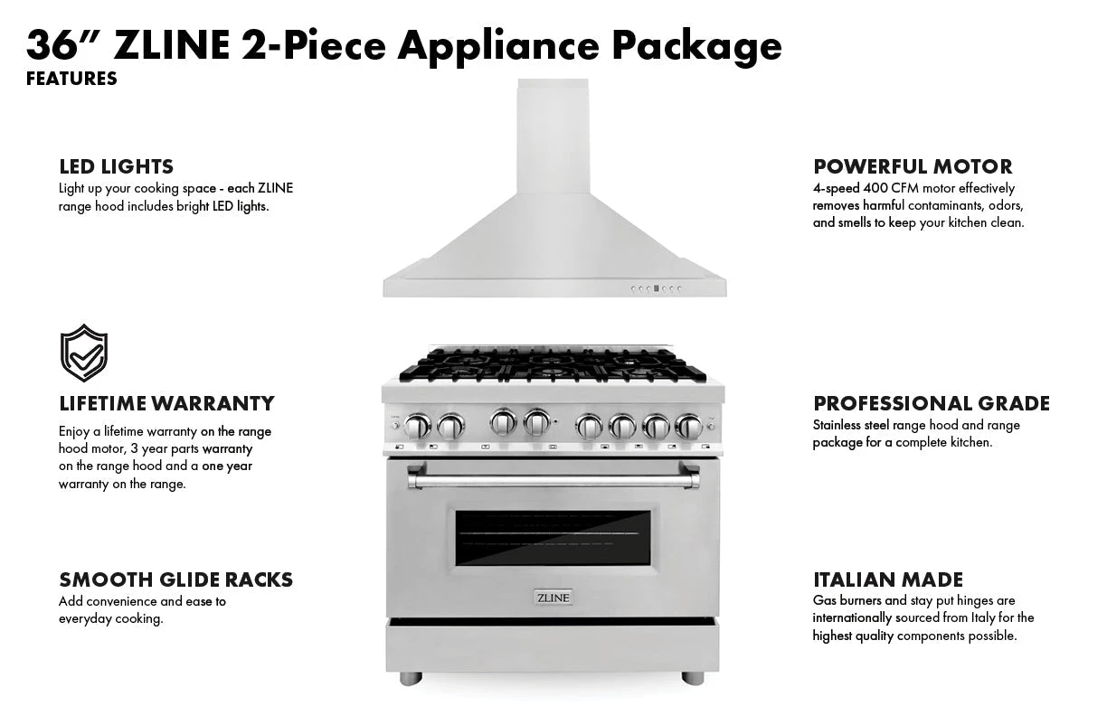 ZLINE Kitchen And Bath ZLINE 36 In. Kitchen Package With Stainless Steel Dual Fuel Range And Convertible Vent Range Hood (2KP-RARH36) 8 ZLINE Kitchen And Bath ZLINE 36 In. Kitchen Package With Stainless Steel Dual Fuel Range And Convertible Vent Range Hood (2KP-RARH36)