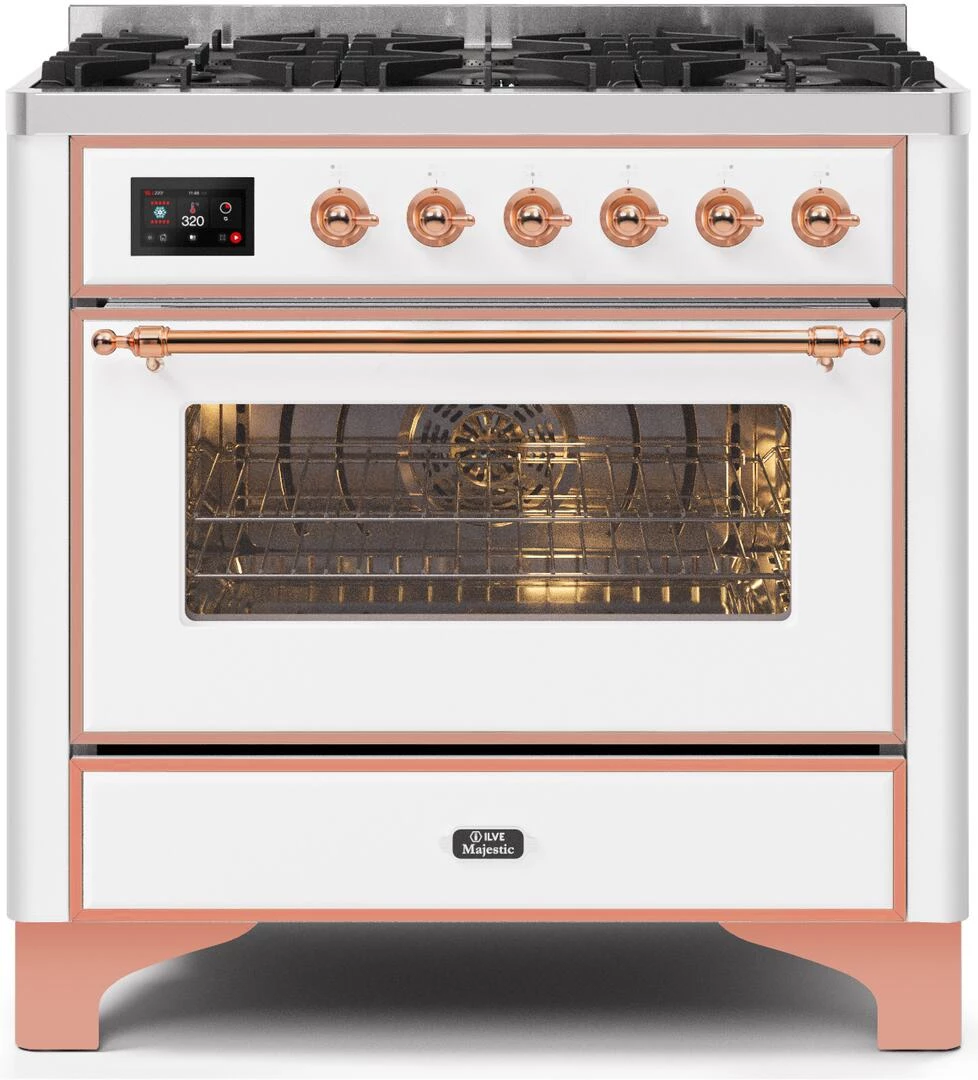 ILVE Majestic II 36 Inch Dual Fuel Natural Gas Freestanding Range In White With Copper Trim (UM096DNS3WHPNG) Shop By Brand 2 ILVE Majestic II 36 Inch Dual Fuel Natural Gas Freestanding Range In White With Copper Trim (UM096DNS3WHPNG) Shop By Brand