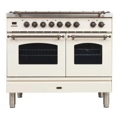 Shop By Brand ILVE 40" 4.88 Cu. Ft. Nostalgie Series Freestanding Dual Fuel Range In Antique White And Bronze Accents