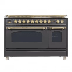 ILVE Shop By Brand Nostalgie Series 48 Inch Freestanding Dual Fuel Range With Natural Gas In Matte Graphite With Brass Accents (UPN120FDMPMNG)