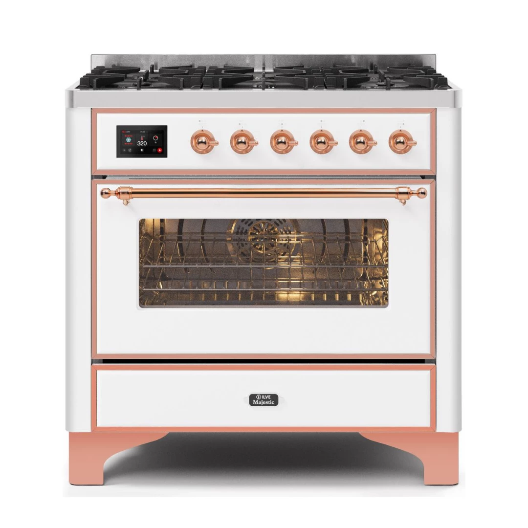 ILVE Majestic II 36 Inch Dual Fuel Natural Gas Freestanding Range In White With Copper Trim (UM096DNS3WHPNG) Shop By Brand 1 ILVE Majestic II 36 Inch Dual Fuel Natural Gas Freestanding Range In White With Copper Trim (UM096DNS3WHPNG) Shop By Brand