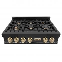 ZLINE Kitchen And Bath ZLINE Autograph Edition 36 In. Porcelain Rangetop With 6 Gas Burners In Black Stainless Steel And Gold Accents (RTBZ-36-G) Shop By Brand 12 ZLINE Kitchen And Bath ZLINE Autograph Edition 36 In. Porcelain Rangetop With 6 Gas Burners In Black Stainless Steel And Gold Accents (RTBZ-36-G) Shop By Brand