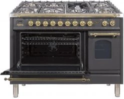 ILVE Shop By Brand Nostalgie Series 48 Inch Freestanding Dual Fuel Range With Natural Gas In Matte Graphite With Brass Accents (UPN120FDMPMNG)