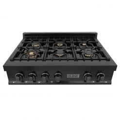 ZLINE Kitchen And Bath ZLINE 36 In. Porcelain Gas Stovetop In Black Stainless With 6 Gas Brass Burners (RTB-BR-36) Shop By Brand