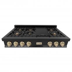 ZLINE Kitchen And Bath ZLINE Autograph Edition 48 In. Porcelain Rangetop With 7 Gas Burners In Black Stainless Steel And Gold Accents (RTBZ-48-G) Shop By Brand