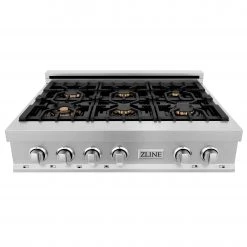 ZLINE Kitchen And Bath ZLINE 36 In. Porcelain Rangetop In DuraSnow Stainless Steel With 6 Gas Burners (RTS-36) Available With Brass Burners Shop By Brand