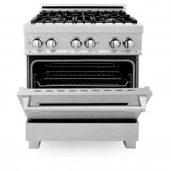 ZLINE Kitchen And Bath ZLINE 30 In. 4.0 Cu. Ft. Dual Fuel Range With Gas Stove And Electric Oven In All DuraSnow Stainless Steel With Color Door Options (RAS-SN-30) Shop By Brand 43 ZLINE Kitchen And Bath ZLINE 30 In. 4.0 Cu. Ft. Dual Fuel Range With Gas Stove And Electric Oven In All DuraSnow Stainless Steel With Color Door Options (RAS-SN-30) Shop By Brand
