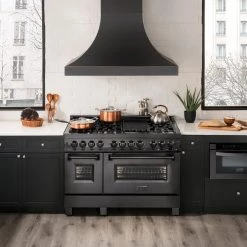 ZLINE Kitchen And Bath ZLINE 48 In. 6.0 Cu. Ft. Dual Fuel Range With Gas Stove And Electric Oven In Black Stainless Steel With Brass Burners (RAB-48)