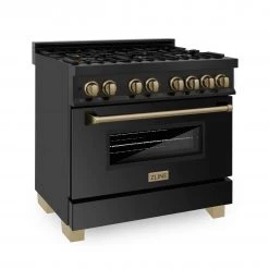 ZLINE Kitchen And Bath ZLINE Autograph Edition 36 In. 4.6 Cu. Ft. Dual Fuel Range With Gas Stove And Electric Oven In Black Stainless Steel With Accents (RABZ-36)