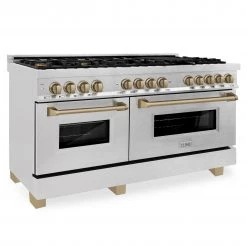ZLINE Kitchen And Bath ZLINE Autograph Edition 60" 7.4 Cu. Ft. Dual Fuel Range With Gas Stove And Electric Oven In DuraSnow Stainless Steel With Champagne Bronze Accents (RASZ-60-CB)