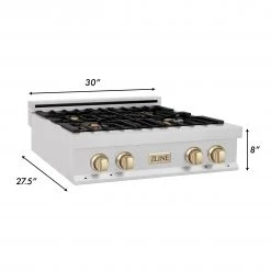 ZLINE Kitchen And Bath ZLINE Autograph Edition 30 In. Porcelain Rangetop With 4 Gas Burners In DuraSnow Stainless Steel And Accents (RTSZ-30)