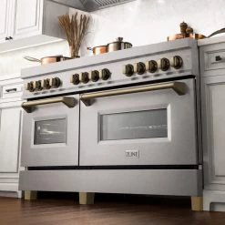 ZLINE Kitchen And Bath ZLINE Autograph Edition 60" 7.4 Cu. Ft. Dual Fuel Range With Gas Stove And Electric Oven In DuraSnow Stainless Steel With Champagne Bronze Accents (RASZ-60-CB)
