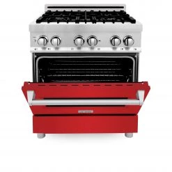 ZLINE Kitchen And Bath 2-Piece Kitchen Packages ZLINE 30 In. Kitchen Package With ZLINE DuraSnow Stainless Steel Dual Fuel Range With Red Matte Door And Convertible Vent Range Hood (2KP-RARMRH30)