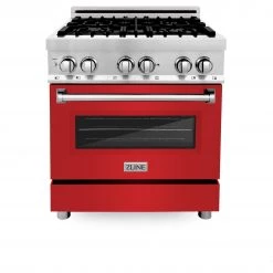 ZLINE Kitchen And Bath 2-Piece Kitchen Packages ZLINE 30 In. Kitchen Package With ZLINE DuraSnow Stainless Steel Dual Fuel Range With Red Matte Door And Convertible Vent Range Hood (2KP-RARMRH30)